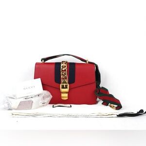 Gucci Small Sylvie Shoulder Bag w/ Red Leather & Gold-Tone Hardware